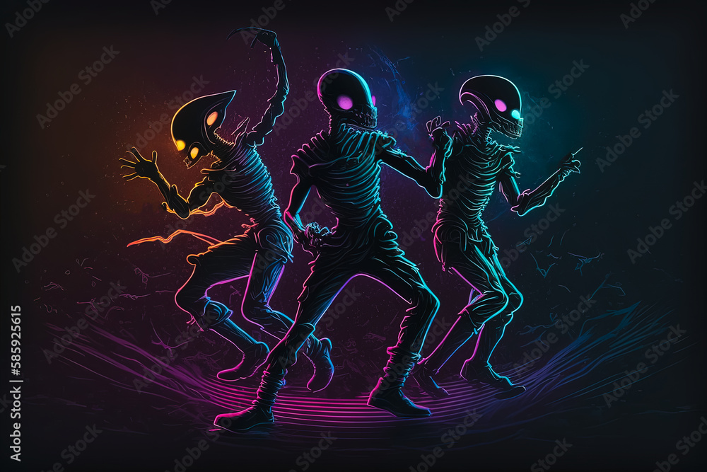 Dancing aliens on solid dark background. Synthwave style. Generative AI