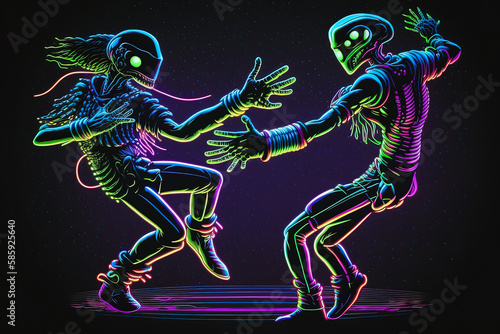 Dancing aliens on solid dark background. Synthwave style. Generative AI © Tamara