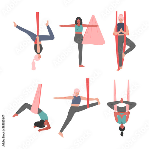 Young Sporty Woman in Sportswear Practicing Aerial Yoga with Silk Ribbon Vector Set