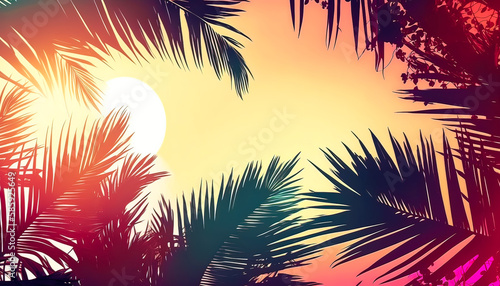 Copy space of silhouette tropical palm tree with sun light on sunset sky and cloud abstract background. Summer vacation and nature travel adventure concept. Vintage style. generative AI