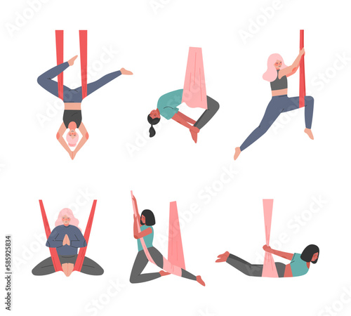 Young Sporty Woman in Sportswear Practicing Aerial Yoga with Silk Ribbon Vector Set