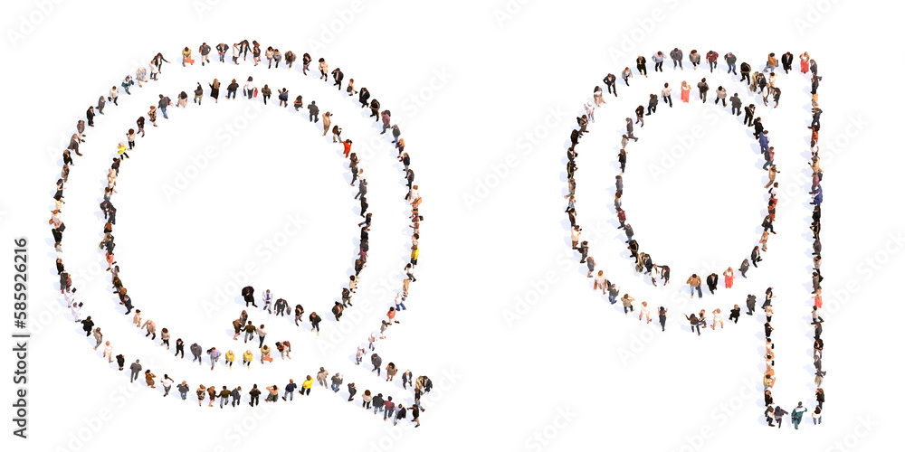 Concept or conceptual large community of people forming the font Q. 3d illustration metaphor for unity and diversity, humanitarian, teamwork, cooperation, education, friendship and community