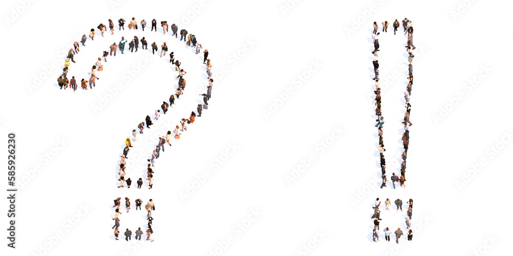 Concept or conceptual large community of people forming the ? and ! symbols. 3d illustration metaphor for unity and diversity, humanitarian, teamwork, cooperation, education, friendship and community Concept or conceptual large community of people forming the ? and ! symbols. 3d illustration metaphor for unity and diversity, humanitarian, teamwork, cooperation, education, friendship and community