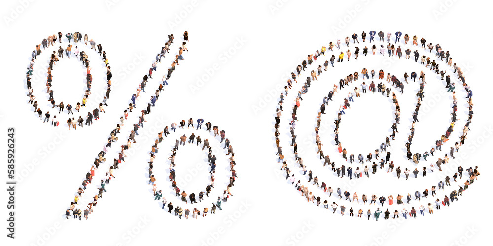 Concept or conceptual large community of people forming the % and at signs. 3d illustration metaphor for unity and diversity, humanitarian, teamwork, cooperation, education, friendship and community Concept or conceptual large community of people forming the % and at signs. 3d illustration metaphor for unity and diversity, humanitarian, teamwork, cooperation, education, friendship and community