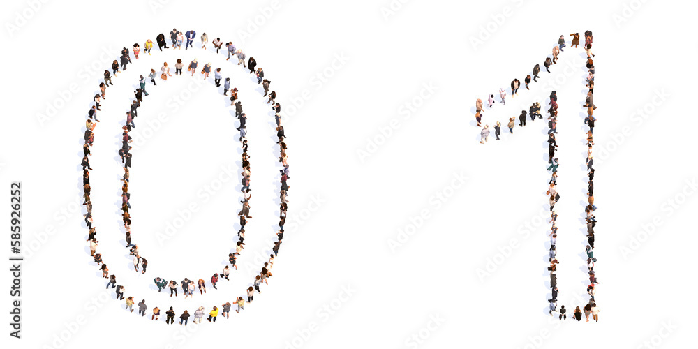 Concept or conceptual large community of people forming the fonts 0 and 1. 3d illustration metaphor for unity and diversity, humanitarian, teamwork, cooperation, education, friendship and community Concept or conceptual large community of people forming the fonts 0 and 1. 3d illustration metaphor for unity and diversity, humanitarian, teamwork, cooperation, education, friendship and community