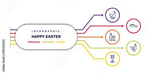 set of happy easter thin line icons. happy easter outline icons with infographic template. linear icons such as chicken, wine, goblet, bread, hen vector.