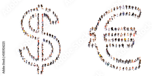 Conceptual large community of people forming the dollar and euro symbols. 3d illustration metaphor for unity and diversity, humanitarian, teamwork, cooperation, education, friendship and community