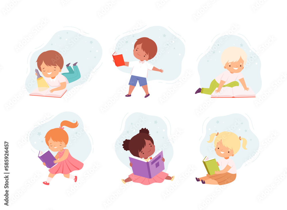 Little Boy and Girl Enjoying Reading Book and Fiction Story Vector Set Little Boy and Girl Enjoying Reading Book and Fiction Story Vector Set
