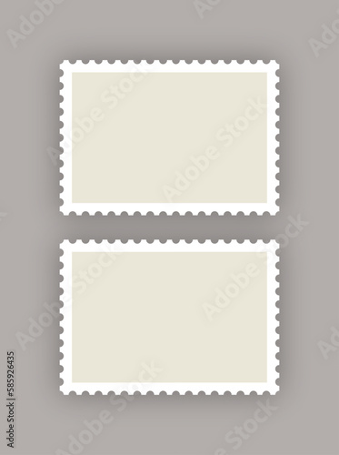 Two paper postmarks. Double sale coupons. Post stamp template with perforated borders. Postal stickers for mail letter. Postage stamps set. Vector illustration.