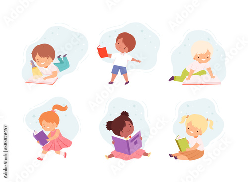 Little Boy and Girl Enjoying Reading Book and Fiction Story Vector Set