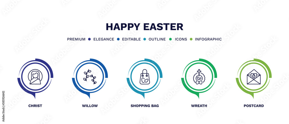 set of happy easter thin line icons. happy easter outline icons with infographic template. linear icons such as christ, willow, shopping bag, wreath, postcard vector. set of happy easter thin line icons. happy easter outline icons with infographic template. linear icons such as christ, willow, shopping bag, wreath, postcard vector.