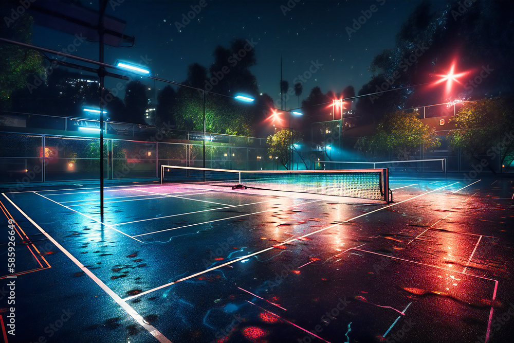 An illuminated tennis court under the night sky, with neon streaks ...