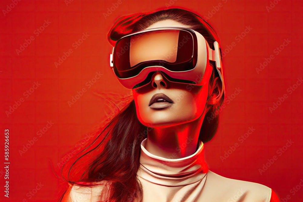 Red Backdrop Younger Female With Vr Set And Copy Space Generative AI Red Backdrop Younger Female With Vr Set And Copy Space Generative AI