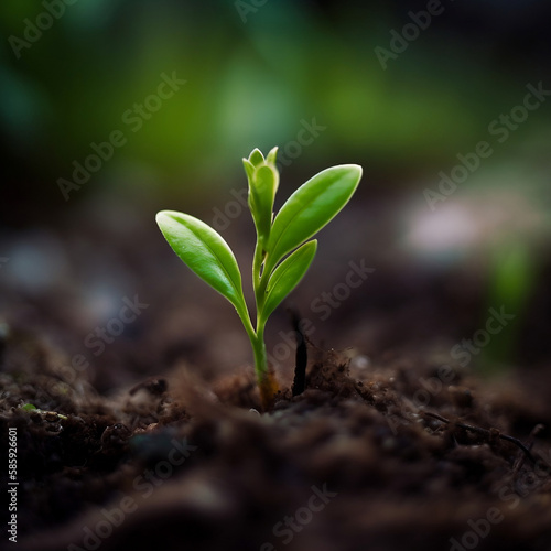 Young plant just beginning to grow, showcasing the delicate sprout emerging from the soil - Generative AI