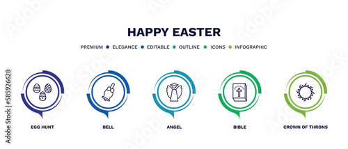 set of happy easter thin line icons. happy easter outline icons with infographic template. linear icons such as egg hunt, bell, angel, bible, crown of throns vector.