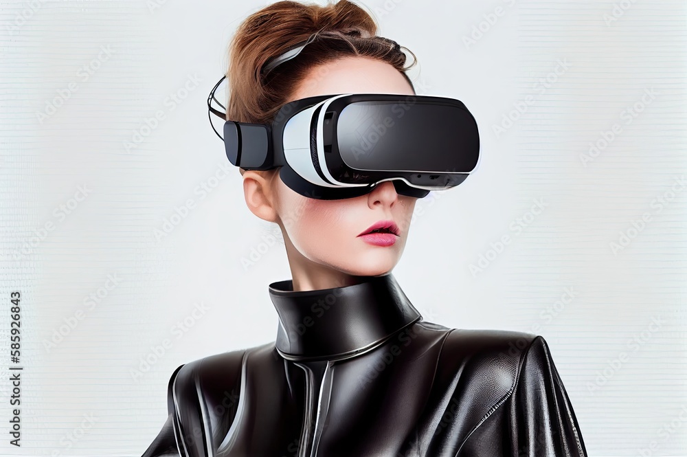 White Background Young Female With Virtual Reality Headset And Copyspace Generative AI White Background Young Female With Virtual Reality Headset And Copyspace Generative AI