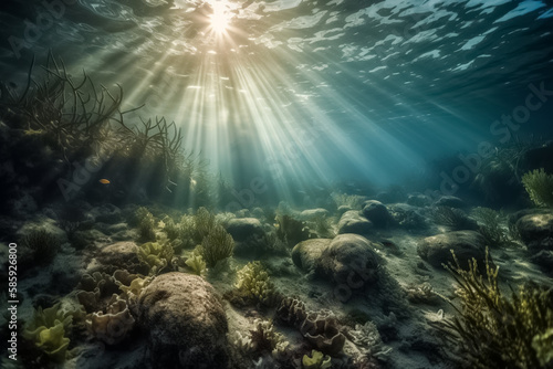 View underwater to surface ocean  sunbeam penetrate through the top layer of the ocean  illustration. Generative AI. Undersea  marine  world ocean  nature and water  image