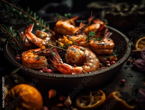 Grilled Succulent Shrimps in 5-Star Kitchen with Gorgeous Bokeh Background using Generative AI