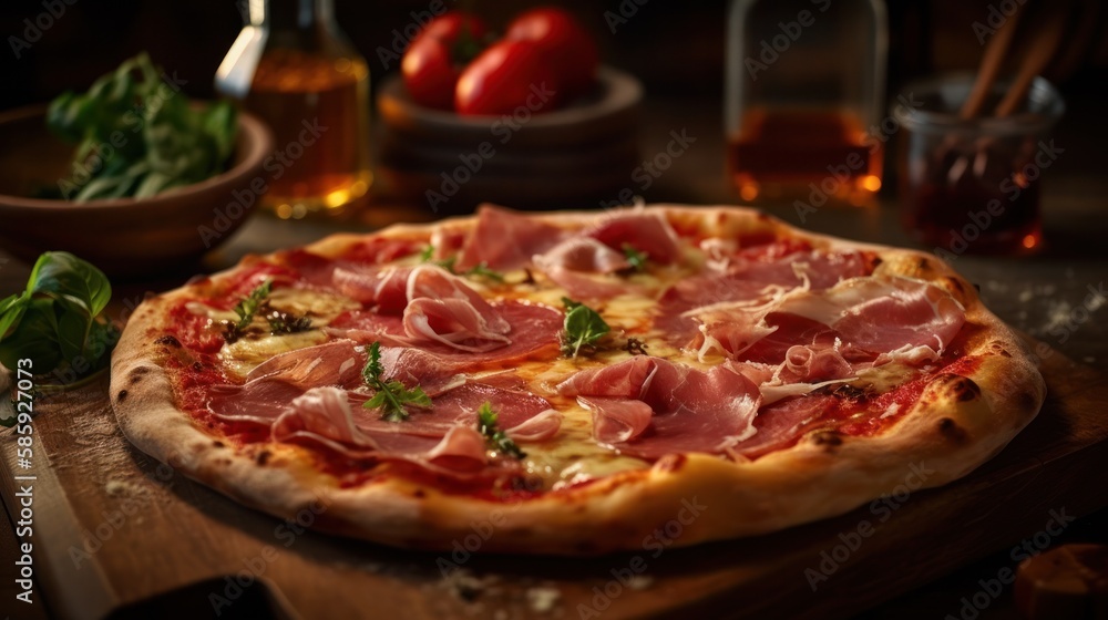 Italy's Finest Pizza Prosciutto in 5-Star Kitchen with Bokeh Background Using Generative AI
