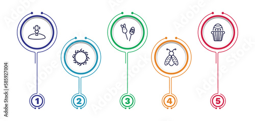 set of happy easter thin line icons. happy easter outline icons with infographic template. linear icons such as resurrection, candy, muffin, crown of throns, ladybug vector.