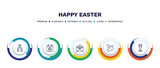 set of happy easter thin line icons. happy easter outline icons with infographic template. linear icons such as pray, easter calendar, postcard, dove, goblet vector.