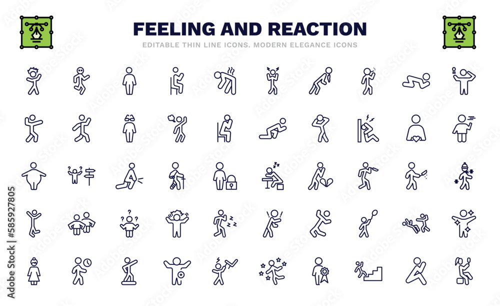 set of feeling and reaction thin line icons. feeling and reaction outline icons such as irritated human, free human, sick human, amazing fat lazy happy beautiful pretty vector. set of feeling and reaction thin line icons. feeling and reaction outline icons such as irritated human, free human, sick human, amazing fat lazy happy beautiful pretty vector.