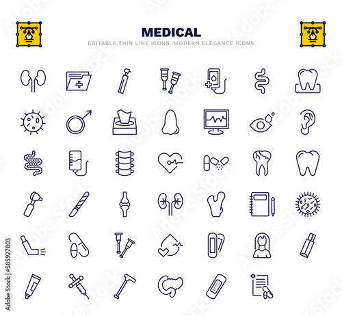 set of medical thin line icons. medical outline icons such as kidneys, dental drill, transfusion, eye drops, cardiogram, scalpel, germs, plaster, anesthesia vector.