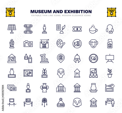 set of museum and exhibition thin line icons. museum and exhibition outline icons such as panel, statue, museum ticket, african mask, map, pop art, botanical, antic architecture, dreamcatcher