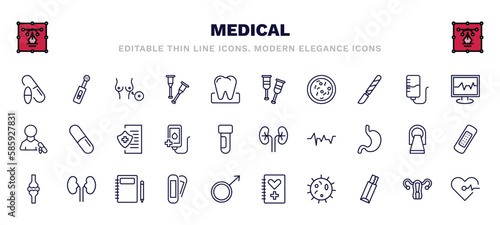 set of medical thin line icons. medical outline icons such as drugs, breast implant, crutches, ecg, medical insurance, kidney, knee, plaster, microbe, cardiogram vector.