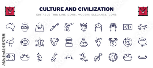 set of culture and civilization thin line icons. culture and civilization outline icons such as australian continent, crocodile leather bag, native american mask, australian alligator, surfing a sea