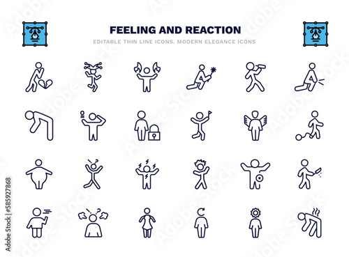 set of feeling and reaction thin line icons. feeling and reaction outline icons such as heartbroken human, super human, drained human, inspired fantastic surprised better frustrated refreshed