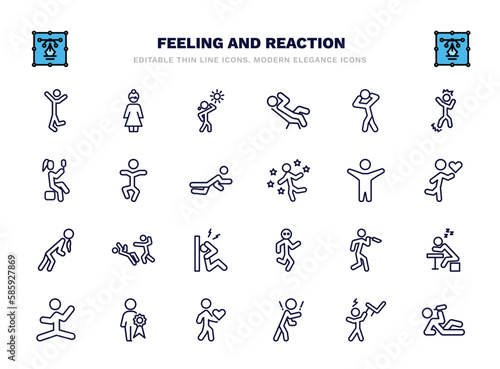 set of feeling and reaction thin line icons. feeling and reaction outline icons such as happy human, hot human, scared human, stupid excited helpless terrible special rough drunk vector.