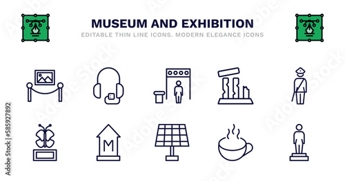 set of museum and exhibition thin line icons. museum and exhibition outline icons such as audio guide, metal detector, relics, security guard, butterfly, butterfly, , panel, cafe, statue vector.