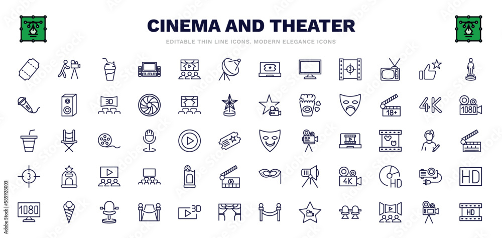 set of cinema and theater thin line icons. cinema and theater outline icons such as tickets, smoothie with straw, satellite tv dish, thumb up with star, sad mask, smile mask, box office, theatre