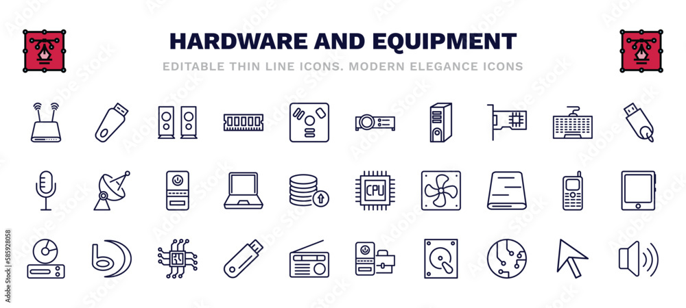 set of hardware and equipment thin line icons. hardware and equipment outline icons such as modem with two antenna, two stereo speakers, video projector, usb flash, computer case, gpu, cd room,