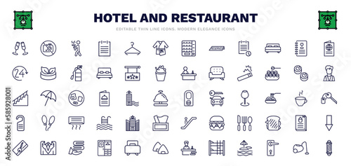 set of hotel and restaurant thin line icons. hotel and restaurant outline icons such as champagne, servant, bathrobe, wine menu, smoking, do not disturb, hotel, towels, barbershop vector.