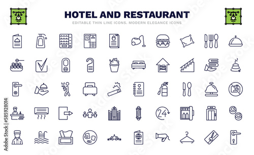 set of hotel and restaurant thin line icons. hotel and restaurant outline icons such as menu, vending hine, cheese burger, takoyaki, doorknob, wine menu, receptionist, bellboy, doorknob vector.