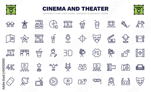 set of cinema and theater thin line icons. cinema and theater outline icons such as cinema chair, snack bar, smoothie with straw, 3d text, 3d movie, old projector, 4k, tickets, smile mask vector.