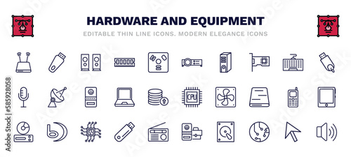 set of hardware and equipment thin line icons. hardware and equipment outline icons such as modem with two antenna, two stereo speakers, video projector, usb flash, computer case, gpu, cd room,