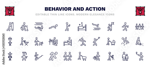 set of behavior and action thin line icons. behavior and action outline icons such as man pushing, man diving, making the bed, three men conference, walking the dog, man throwing javelin, piggyback