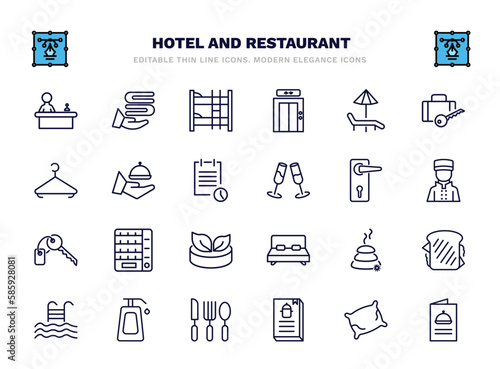 set of hotel and restaurant thin line icons. hotel and restaurant outline icons such as reception, bunk, hammock, room service, doorknob, vending hine, hot stones, lotion, cookbook, menu vector.