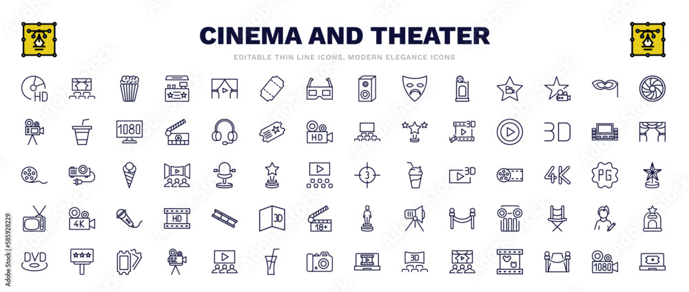 set of cinema and theater thin line icons. cinema and theater outline icons such as hd dvd, popcorn bag, camera lens, big play button, movie countdown, film negatives, movie billboard, 1080p full