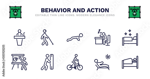 set of behavior and action thin line icons. behavior and action outline icons such as blindman with cane, stick man push up, man snoozing, making the bed, presentation whiteboard, presentation