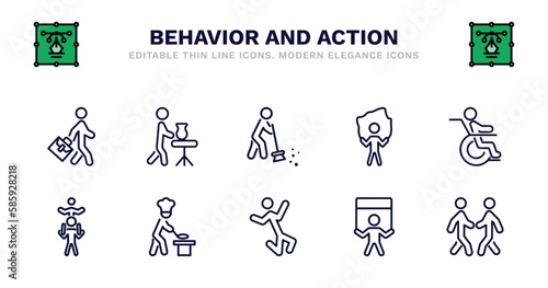 set of behavior and action thin line icons. behavior and action outline icons such as man doing pottery, man sweeping, rope jumping, man on wheelchair, piggyback a kid, piggyback a kid, cooking,