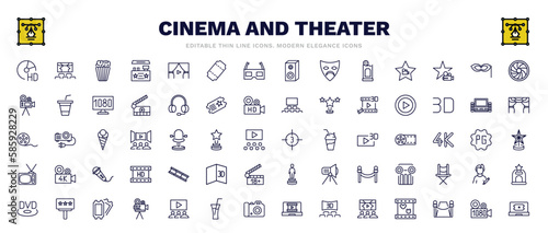 set of cinema and theater thin line icons. cinema and theater outline icons such as hd dvd, popcorn bag, camera lens, big play button, movie countdown, film negatives, movie billboard, 1080p full