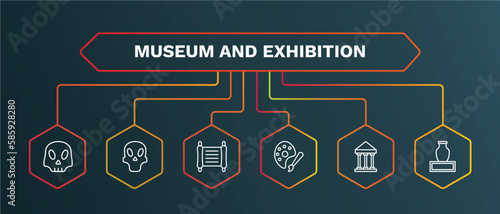set of museum and exhibition white thin line icons. museum and exhibition outline icons with infographic template. linear icons such as remains, paper scroll, palette, antic architecture, ceramic