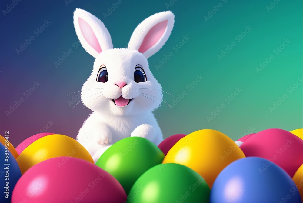 cute easter bunny surrounded by colorful easter eggs, with flowers in the background, garden cute easter bunny surrounded by colorful easter eggs, with flowers in the background, garden