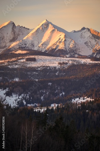 Beautiful morning mountain landscape. View of the Tatra Mountains from the Polish village of Lapszanka.