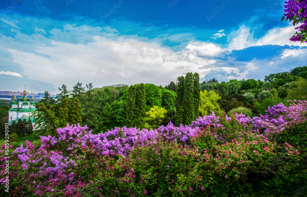 Idyllic panorama of lilac bloom in Kiev: first days of May , green leaves on trees in Botanic garden named Grishko Idyllic panorama of lilac bloom in Kiev: first days of May , green leaves on trees in Botanic garden named Grishko