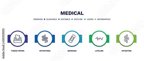 set of medical thin line icons. medical outline icons with infographic template. linear icons such as tissue paper, intestines, bandage, lifeline, intestine vector.